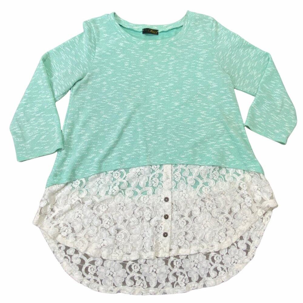 KCM Green & Cream Marled Tunic Long Sleeve Light Spring Sweater with Lace Bottom